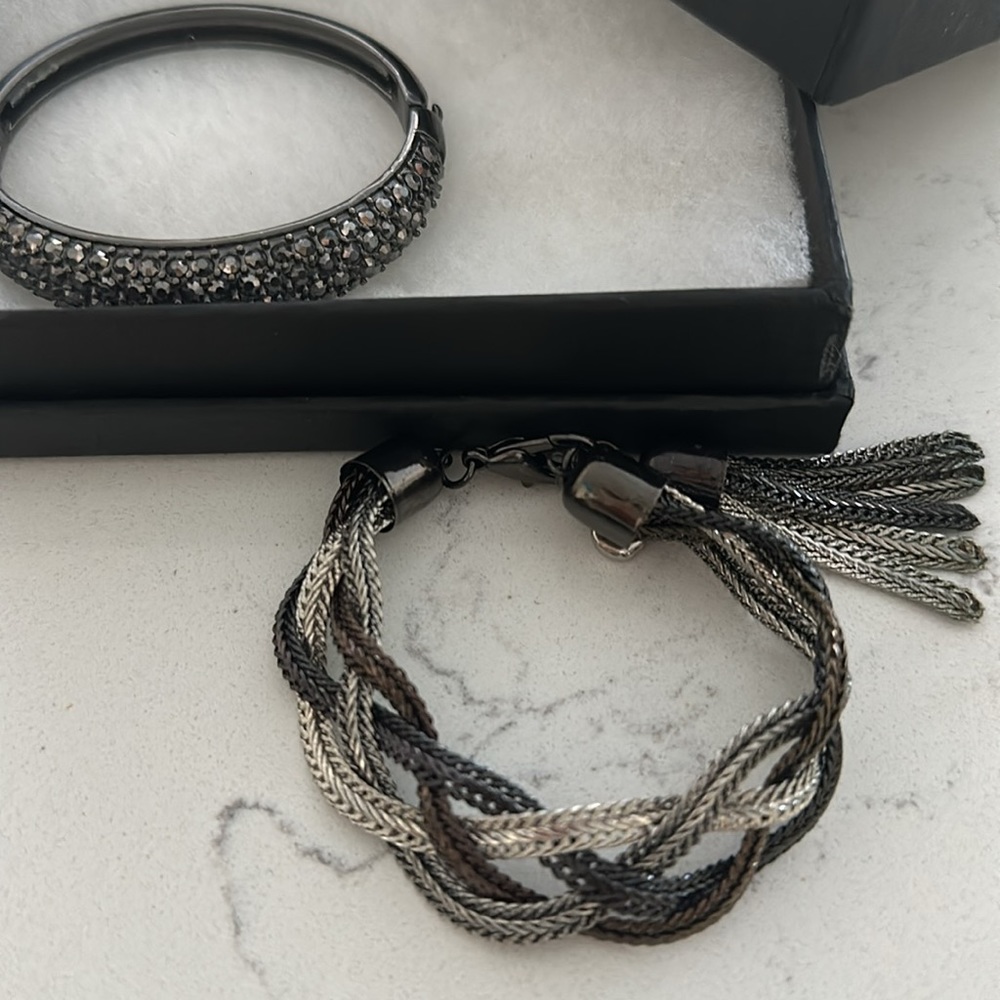 2 pc ARMANI EXCHANGE SILVER PEWTER BRACELET WITH TASSEL and CUFF BUNDLE A/X